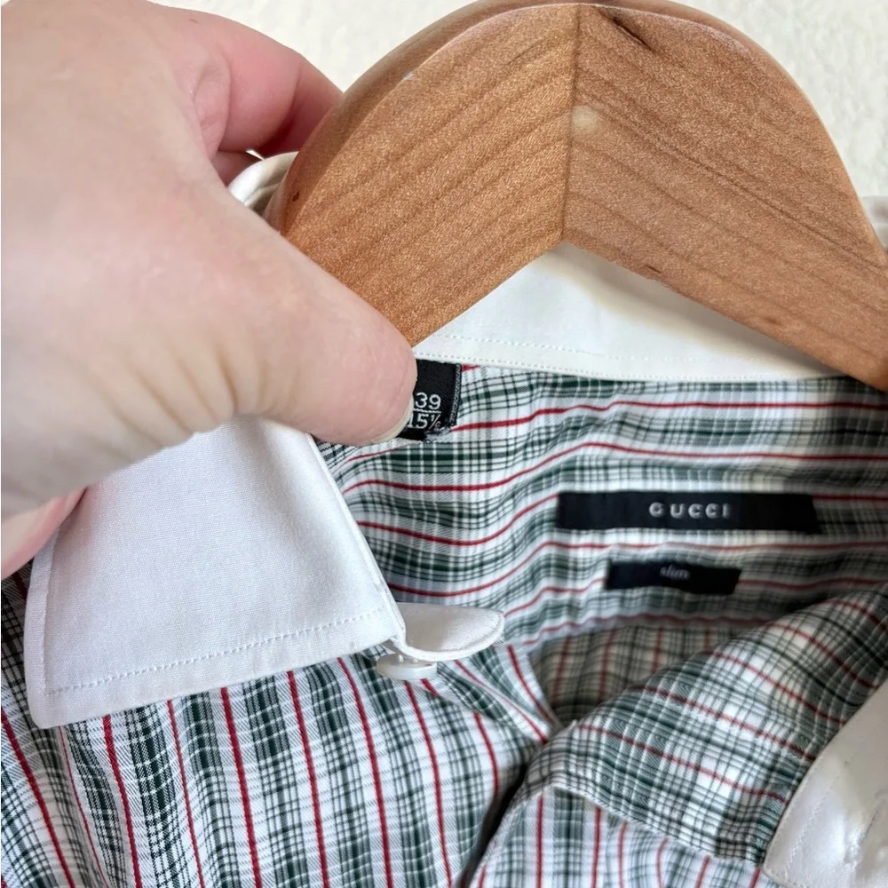 Vintage Slim Fit Gucci Green with Red Plaid White Collared Button Down size 39